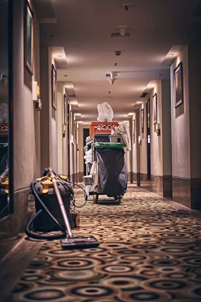 A hotel hallway being serviced by a cleaning cart